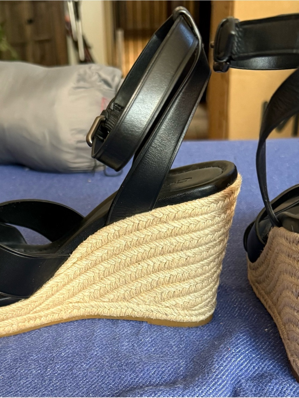 COACH Black Leather Espadrille Wedge Sandals - Picture 2 of 5